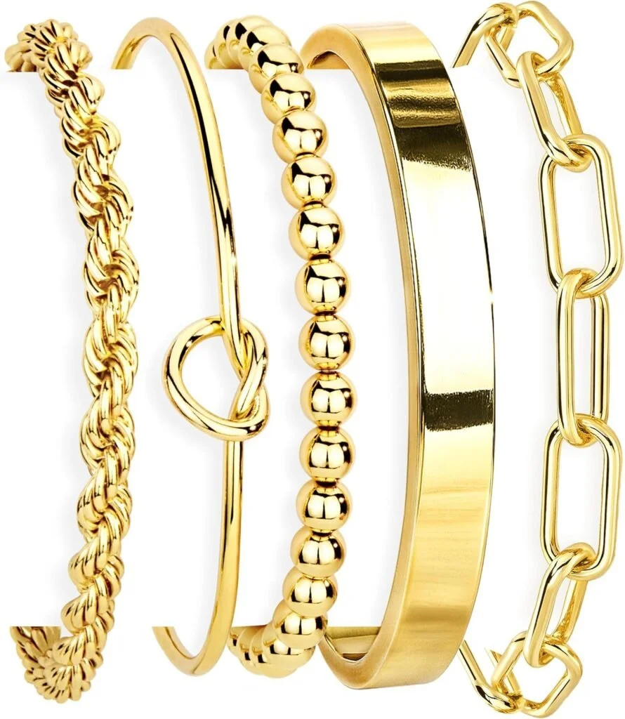 Gold Bracelets Set for Women Non Tarnish, Waterproof 14K Gold Plated Sterling Silver Chunky Cuff Bracelet Stackable Gold Bangles Bracelet for Women Trendy Fashion Accessories Tie Knot Cuban Rope Paperclip Beaded Bracelet Stack Jewelry Mothers Day Gifts for Mom Birthday