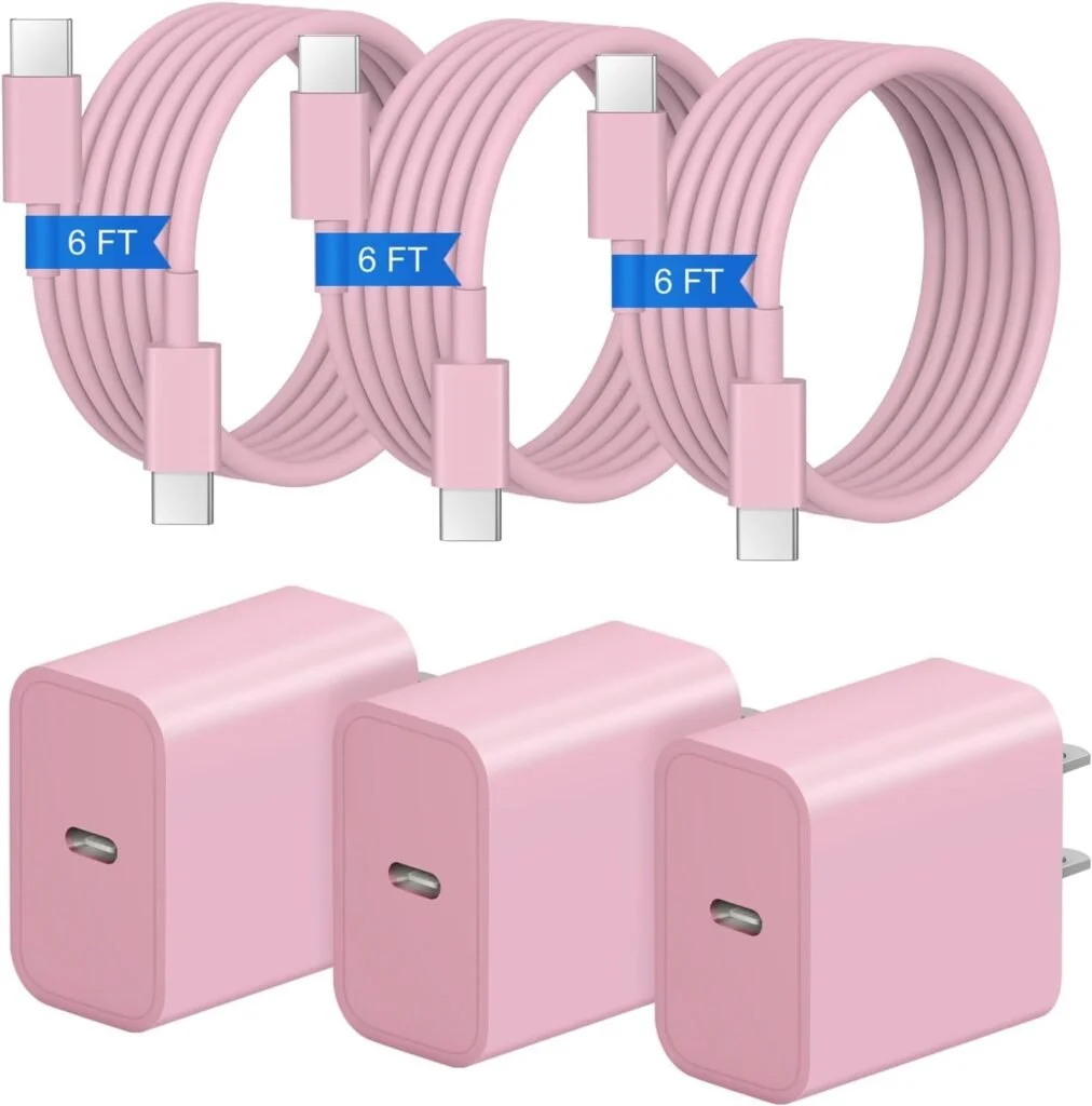 iPhone 17 16 15 Charger Fast Charging 3+3Pack 20W USB C Wall Charger with 6FT Fast Charging Cable Compatible with iPhone 17/17 Air/17 Pro/17 Pro Max/iPhone 16/15 Series, iPad Pro/AirPods -Pink