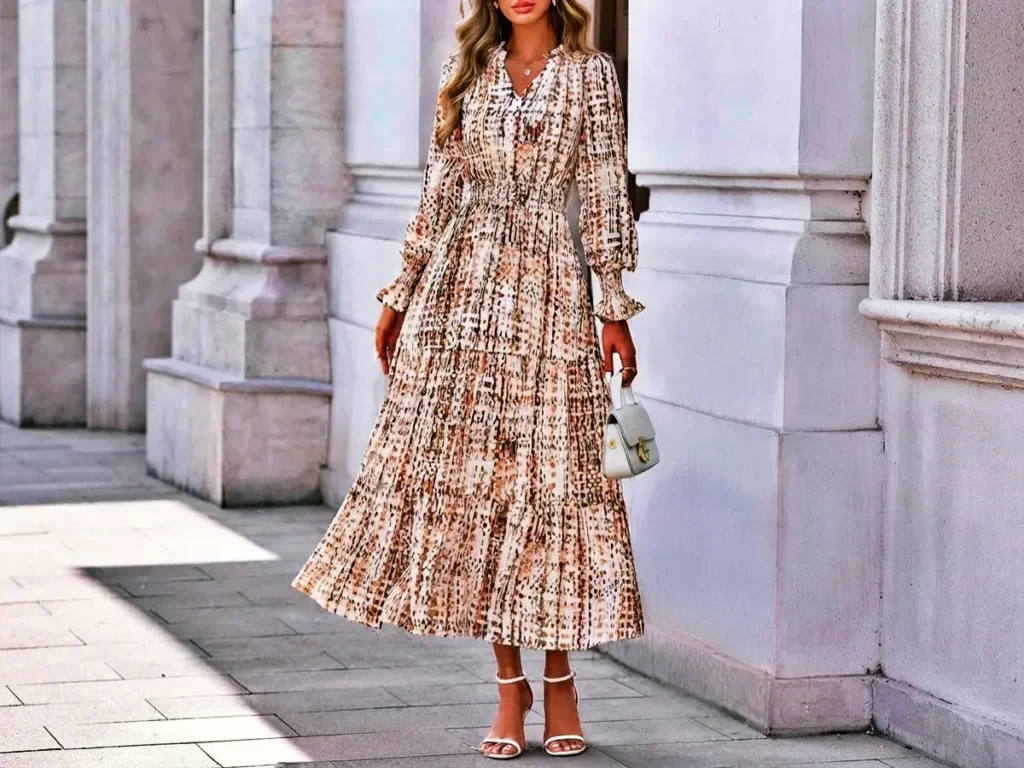 PrettyGarden floral maxi dress for women with long sleeves and V neck