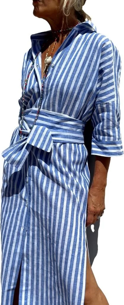 utcoco Womens 2026 Shirt Dress Casual Lapel 3/4 Sleeve Button Down Split Belted Vacation Maxi Dress